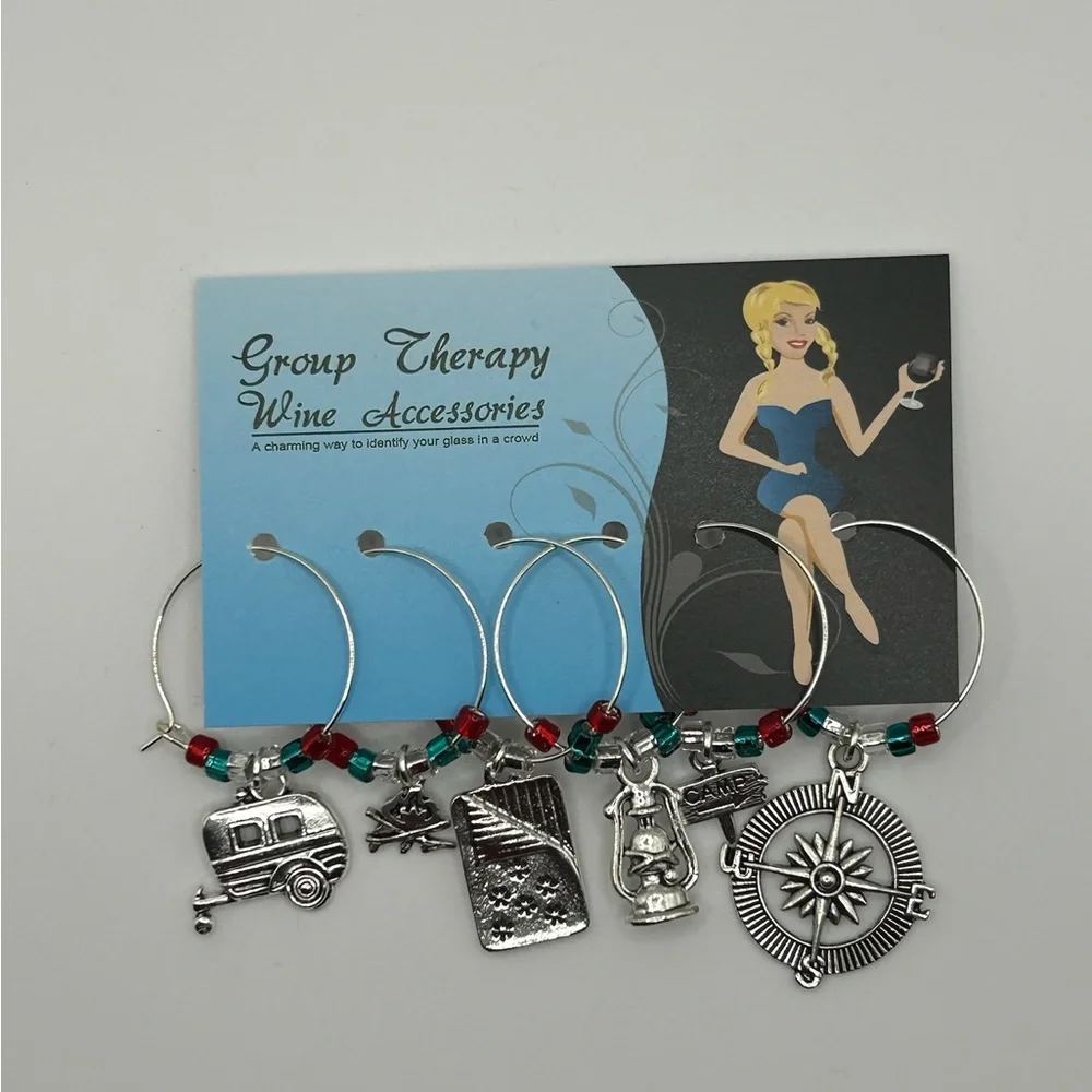 NEW Wine Glass Silver Charms - Camping theme - Picture 1 of 1